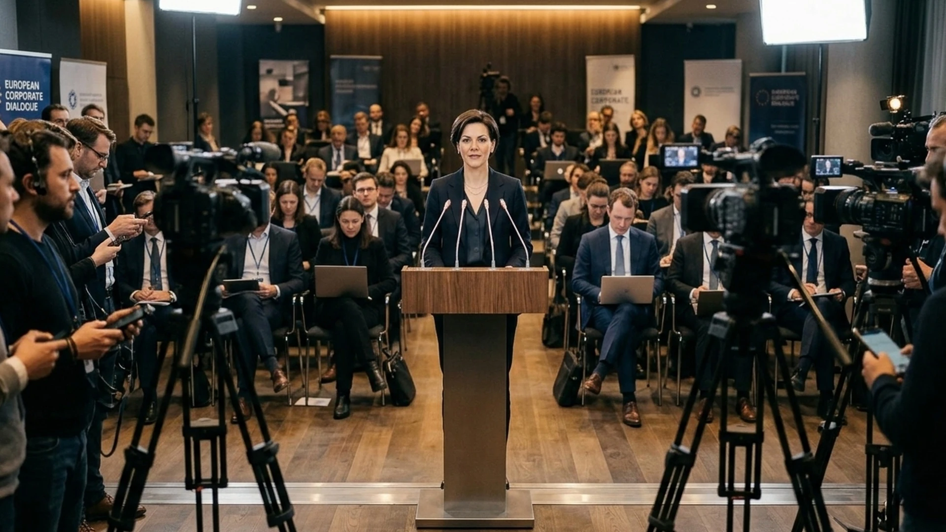Spokesperson at a press conference with cameras